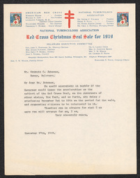 This letter addressed to Delaware Secretary of State Everett C. Johnson requested that the governor issue a proclamation on the Red Cross Seal sale campaign and promote public involvement in the campaign. 