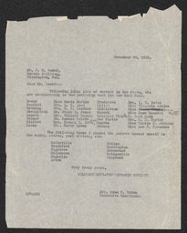 Letter from the Executive Secretary Edna P. Upton of the Delaware Anti-Tuberculosis Society to J. B. Rumbf containing a list of workers helping with publicity efforts for the Christmas Seal Sale and a list of cities where Upton had placed posters for the Christmas Seal Sale.