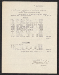 Document from the treasurer of the Delaware Anti-Tuberculosis Society recording financial receipts and disbursements from February 16, 1914 to March 30, 1914.