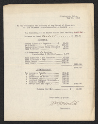 Document from the treasurer of the Delaware Anti-Tuberculosis Society recording financial receipts and disbursements from April 1, 1914 to May 18, 1914.
