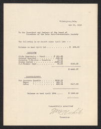 Document from the treasurer of the Delaware Anti-Tuberculosis Society recording financial receipts and disbursements from April 1, 1915 to April 19, 1915.