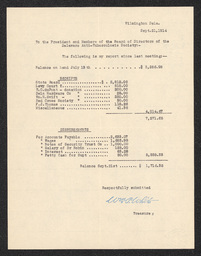 Document from the treasurer of the Delaware Anti-Tuberculosis Society recording financial receipts and disbursements from July 13, 1914 to September 21, 1914.