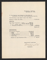 Document from the treasurer of the Delaware Anti-Tuberculosis Society recording financial receipts and disbursements from July 26, 1915 to September 27, 1915.