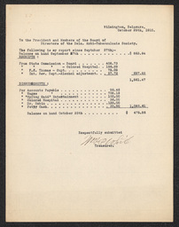Document from the treasurer of the Delaware Anti-Tuberculosis Society recording financial receipts and disbursements from September 27, 1915 to October 25, 1915.