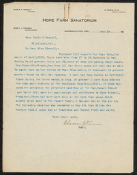 Letter from Superintendent Florence J. Thomas to Emily P. Bissell providing a report on Hope Farm, including patient information and nurse staffing changes.