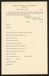Questionnaire for former patients of the White Haven Sanatorium in Pennsylvania.