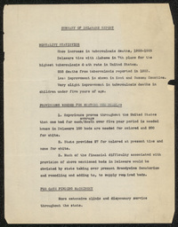 Report presenting Delaware statistics on tuberculosis deaths in 1922-1923 and products or services needed to treat the problem, including racially segregated treatment and urging the state to take control of the Brandywine Sanatorium.
