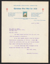 Letter notifying the National Tuberculosis Association how much money the Christmas seal sale earned in Delaware and paying the national group five percent of the earnings. 