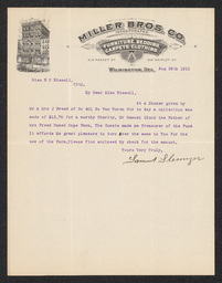 Letter to Emily P. Bissell donating money collected at a local dinner party hosted by Mr. and Mrs. J. Freed to Hope Farm.