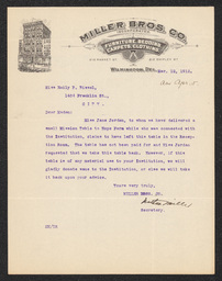 Letter from the secretary of Miller Bros. Co. Nathan Miller offering to donate a table delivered to Hope Farm.