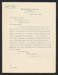 Letter from Willard Saulsbury, Jr. donating $500 to Hope Farm and complimenting Emily P. Bissell as leader of the Delaware Anti-Tuberculosis Society.