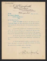 Letter from N.B. Danforth notifying Emily P. Bissell that Danforth is unable to donate money to the Delaware Anti-Tuberculosis Society at the time.