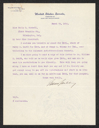 Letter from Willard Saulsbury, Jr. donating money to the Delaware Anti-Tuberculosis Society from himself and on behalf of Harry P. Scott, Frank H. Thomas, and notifying Emily P. Bissell that William H. Swift will donate additional funds. Discusses these funds are to help the Society pay off debt.