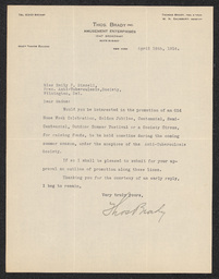 Letter offering the services of Thos. Brady Inc. Amusement Enterprises for creating a fundraising event for the Delaware Anti-Tuberculosis Society.