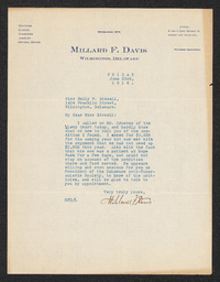 Letter from Millard F. Davis notifying Emily P. Bissell of Hope Farm criticism likely by Benjamin Groves of the Levy Court who was unwilling to provide more funds to Hope Farm and whose son stayed at Hope Farm briefly.