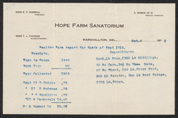 List of Hope Farm's farm expenditures, sales, and amount of eggs collected during the month of September 1915.