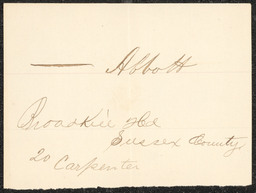 Civil War draft card for Abbott living in Sussex County, Delaware. Card is missing a first name.