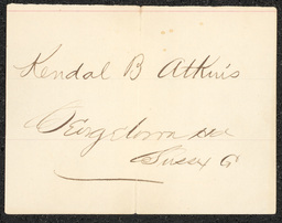 Civil War draft card for Kendal B. Atkins living in Sussex County, Delaware.