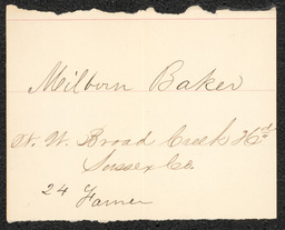 Civil War draft card for Milburn Baker from N.W. Broad Creek Hundred, Sussex County, Delaware.