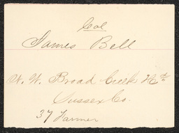 Civil War draft card for James Bell in N.W. Broad Creek Hundred, Sussex County, Delaware.