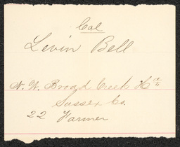 Civil War draft card for Levin Bell in N.W. Broad Creek Hundred, Sussex County, Delaware.