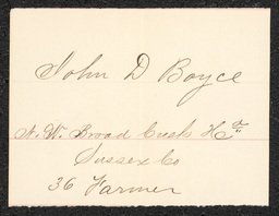 Civil War draft card for John D. Boyce in N.W. Broad Creek Hundred, Sussex County, Delaware.