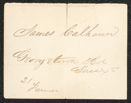 Civil War draft card for James Calhoun in Georgetown Hundred, Sussex County, Delaware.