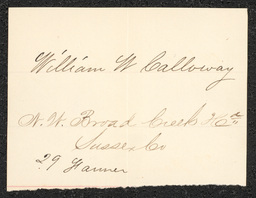 Civil War draft card for William W. Calloway in N.W. Broad Creek Hundred, Sussex County, Delaware.