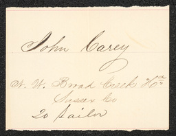 Civil War draft card for John Carey in N.W. Broad Creek Hundred, Sussex County, Delaware.