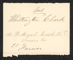 Civil War draft card for Whittington Clark in N.W. Broad Creek Hundred, Sussex County, Delaware.