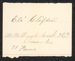 Civil War draft card for Eli Clifton in N.W. Broad Creek Hundred, Sussex County, Delaware.