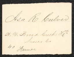 Civil War draft card for Asa R. Culver in N.W. Broad Creek Hundred, Sussex County, Delaware.