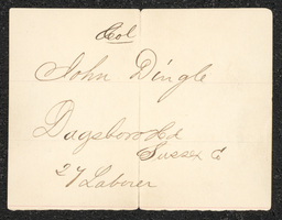 Civil War draft card for John Dingle in Dagsboro Hundred, Sussex County, Delaware.