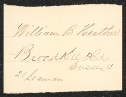 Civil War draft card for William B. Heather in Broadkill Hundred, Sussex County, Delaware.