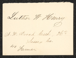 Civil War draft card for Luther W. Henry in N.W. Broad Creek Hundred, Sussex County, Delaware.