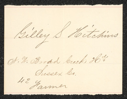 Civil War draft card for Gilley S. Hitchins in N.W. Broad Creek Hundred, Sussex County, Delaware.