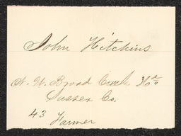 Civil War draft card for John Hitchins in N.W. Broad Creek Hundred, Sussex County, Delaware.