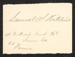 Civil War draft card for Samuel J. Hitchins in N.W. Broad Creek Hundred, Sussex County, Delaware.