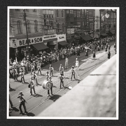 Rooftop view of the Wilmington High School Marching band participating in a defense parade