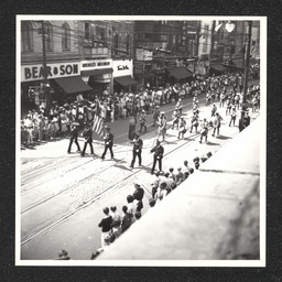 Rooftop view of band in Defense Day Parade along French and Market Sts. in Wilmington, Delaware.