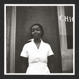 Elsie's Chicken Shack 1200 Walnut St., Elsie Justice poses outside restaurant, 1940