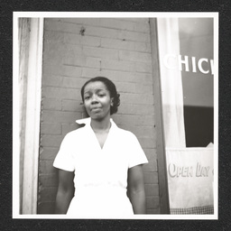 Elsie's Chicken Shack 1200 Walnut St., Elsie Justice poses outside restaurant, 1940