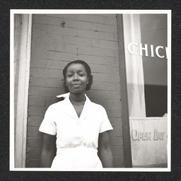 Elsie's Chicken Shack 1200 Walnut St., Elsie Justice poses outside restaurant, 1940