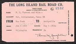 Ticket stub, New York to Amityville, Long Island Rail Road Company, June 5, 1962