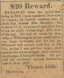 Advertisement, reward for freedom seeker Ben Boulden in the Delaware Gazette, May 5, 1826