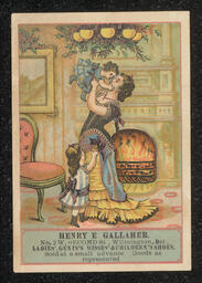 Trade card advertising Henry E. Gallaher Shoes. Illustration shows mother with children in front of fireplace. Text reads "Henry E. Gallaher./No. 2 W. Second, Wilmington, Del./LADIES', GENTS'S  MISSES' & CHILDREN'S SHOES./Sold at a small advance Goods as/represented".