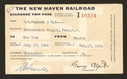 Ticket from New York (City) to Boston issued July 17, 1958. The fare expires on October 17, 1958.
