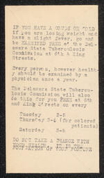 Flyer or notice printed on a small envelope advertising free health exams provided by the Delaware State Tuberculosis Commission on segregated days for black and white patients.