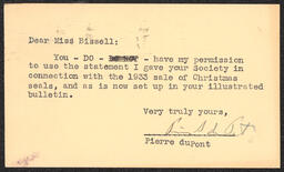 Card from Pierre du Pont consenting to use of statement, circa March 2, 1934, part 1