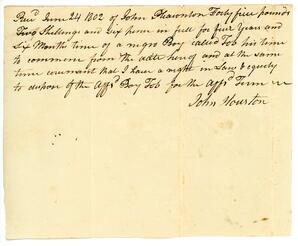 Receipt issued by John Houston to John Pleasonton for time of Tob, an enslaved person, June 24, 1802, front